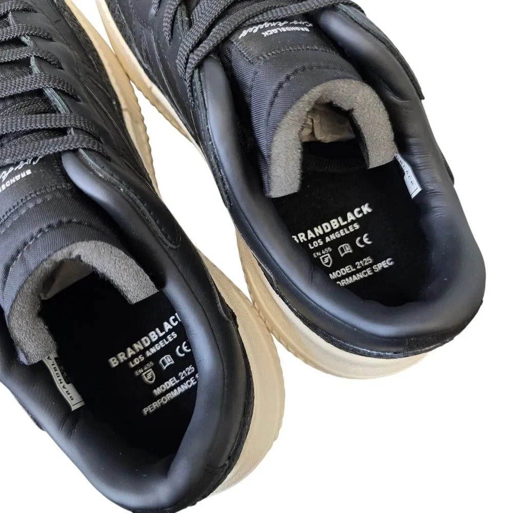 Brandblack Men’s 8.5 Black Leather Low Top Casual Streetwear Sneakers Shoes